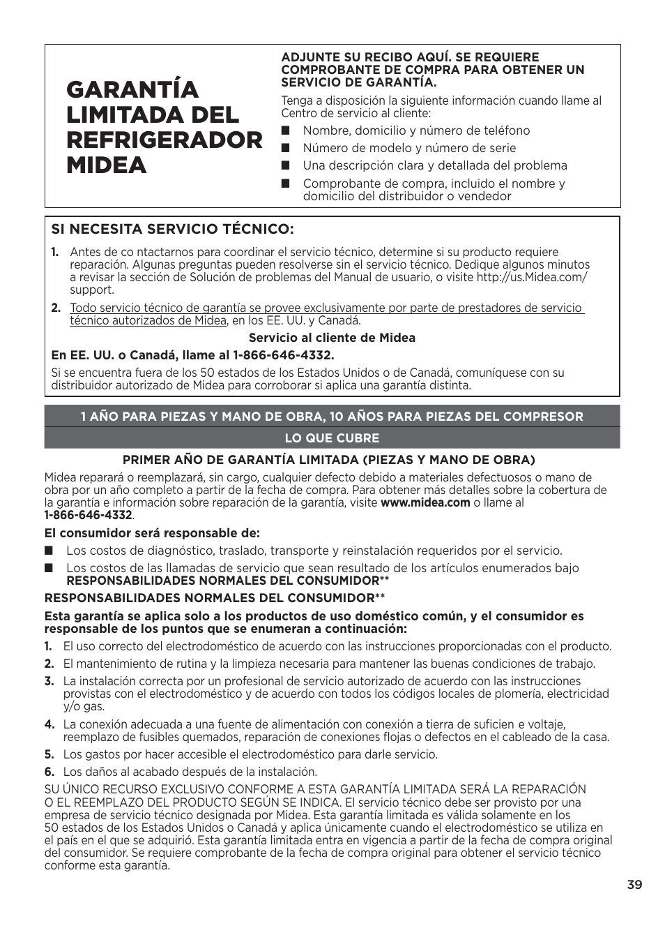 Garantía limitada del refrigerador midea | MIDEA 26.3 Cu. Ft. Side-by-Side User Manual | Page 78 / 121