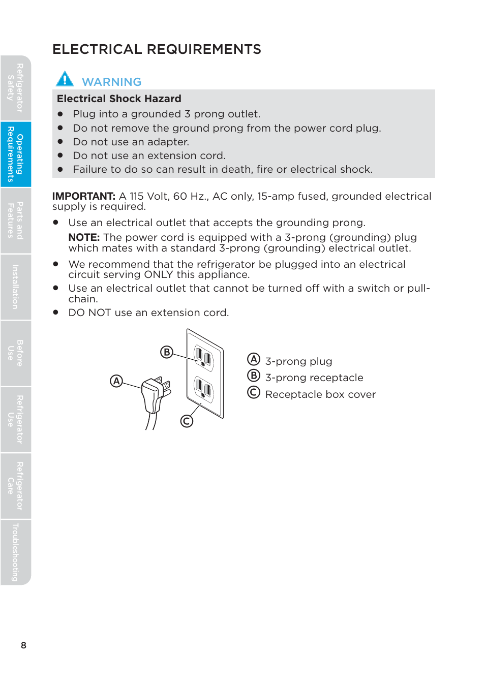 Ab c, Electrical requirements | MIDEA 26.3 Cu. Ft. Side-by-Side User Manual | Page 8 / 121