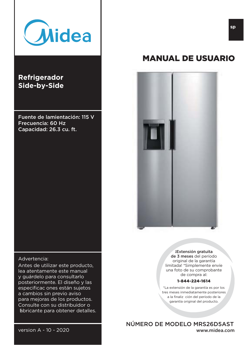 Manual de usuario, Refrigerador side-by-side, Número de modelo mrs26d5ast | MIDEA 26.3 Cu. Ft. Side-by-Side User Manual | Page 80 / 121