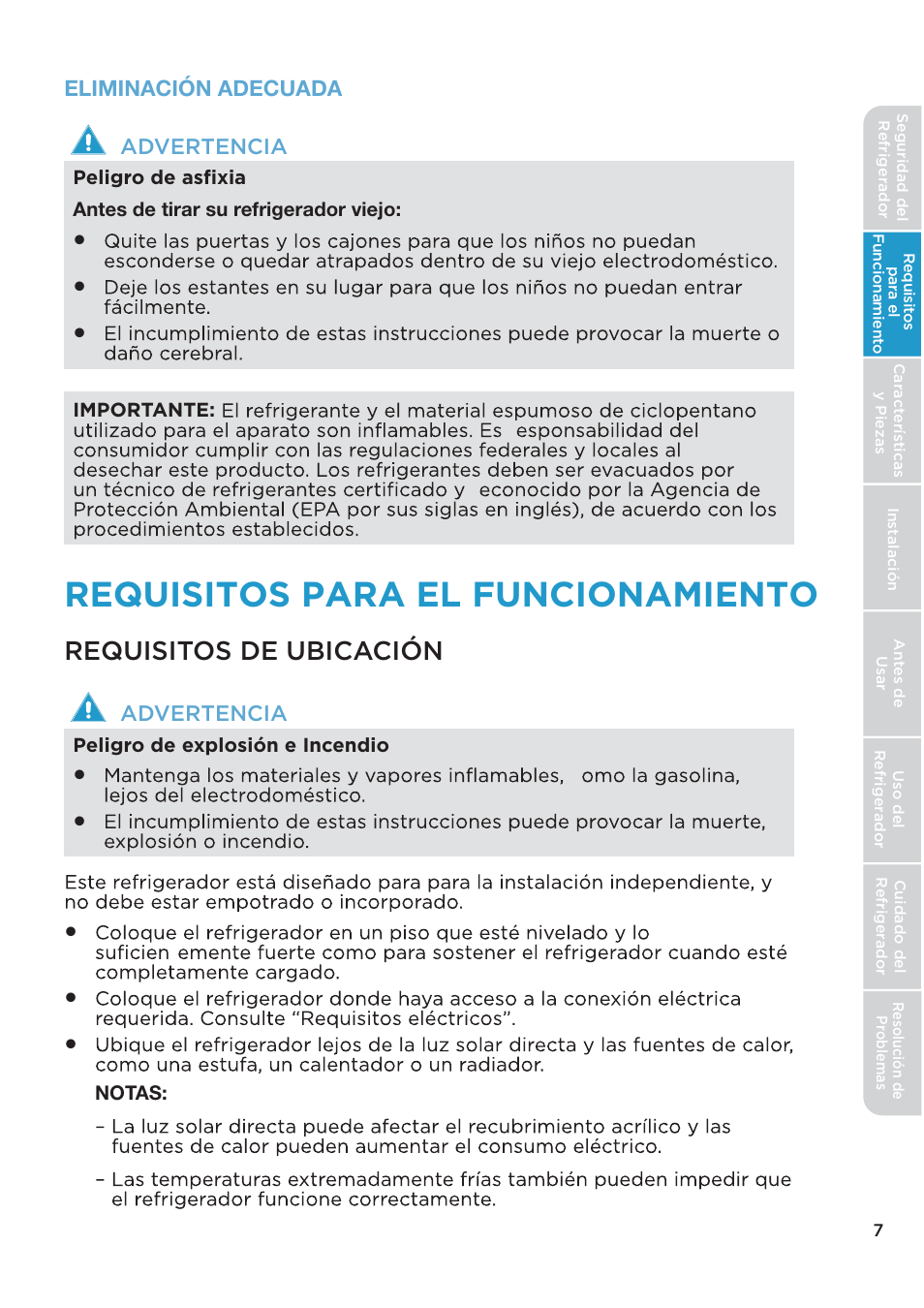 Requisitos para el funcionamiento, Requisitos de ubicación | MIDEA 26.3 Cu. Ft. Side-by-Side User Manual | Page 86 / 121