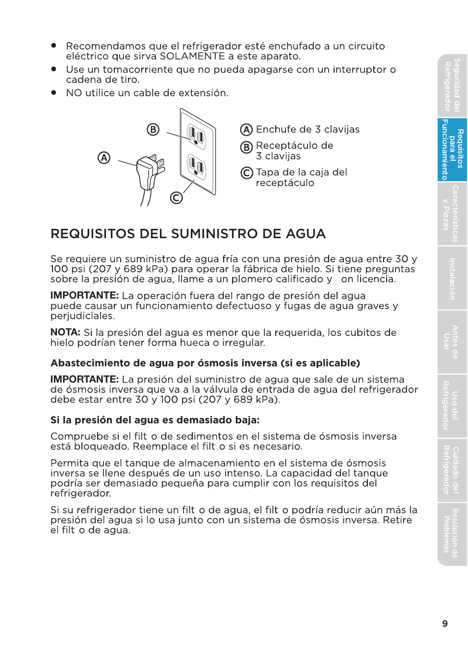 Requisitos del suministro de agua | MIDEA 26.3 Cu. Ft. Side-by-Side User Manual | Page 88 / 121