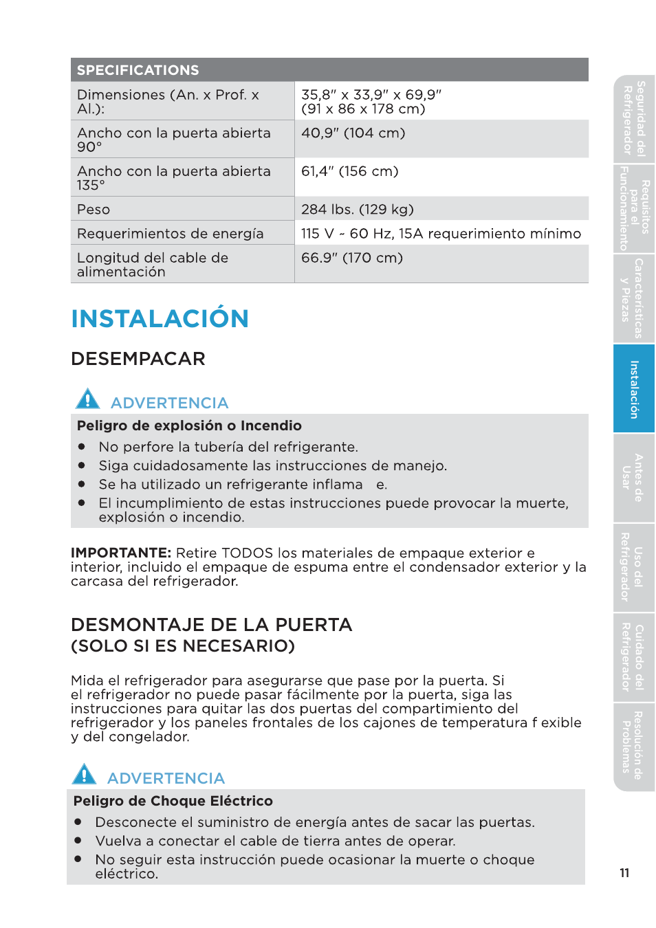 Instalación, Desempacar, Desmontaje de la puerta | Solo si es necesario) | MIDEA 26.3 Cu. Ft. Side-by-Side User Manual | Page 90 / 121