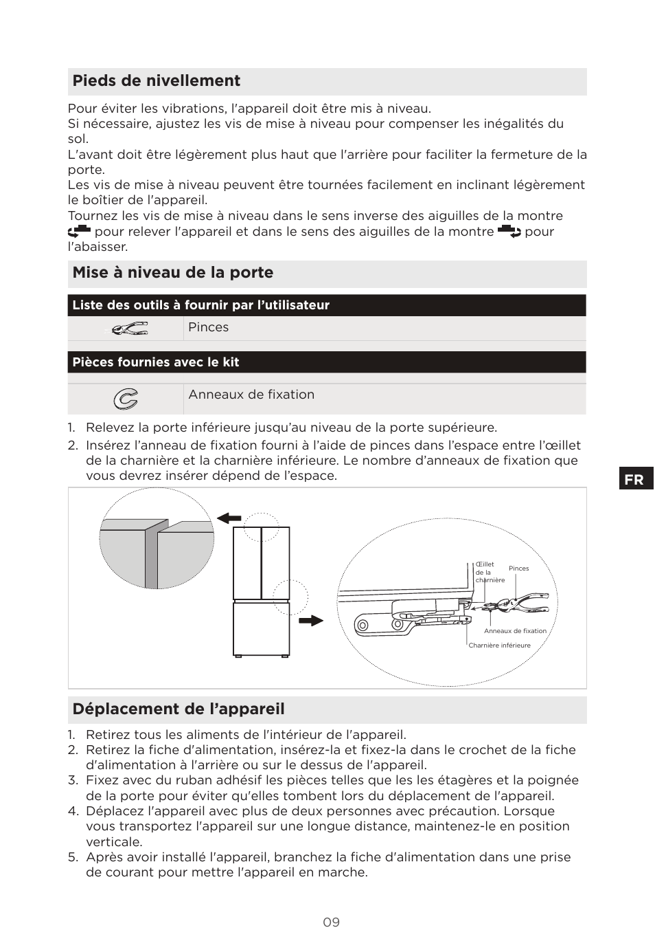 Pieds de nivellement, Mise à niveau de la porte, Déplacement de l’appareil | MIDEA 18 cu. ft. French Door User Manual | Page 27 / 56