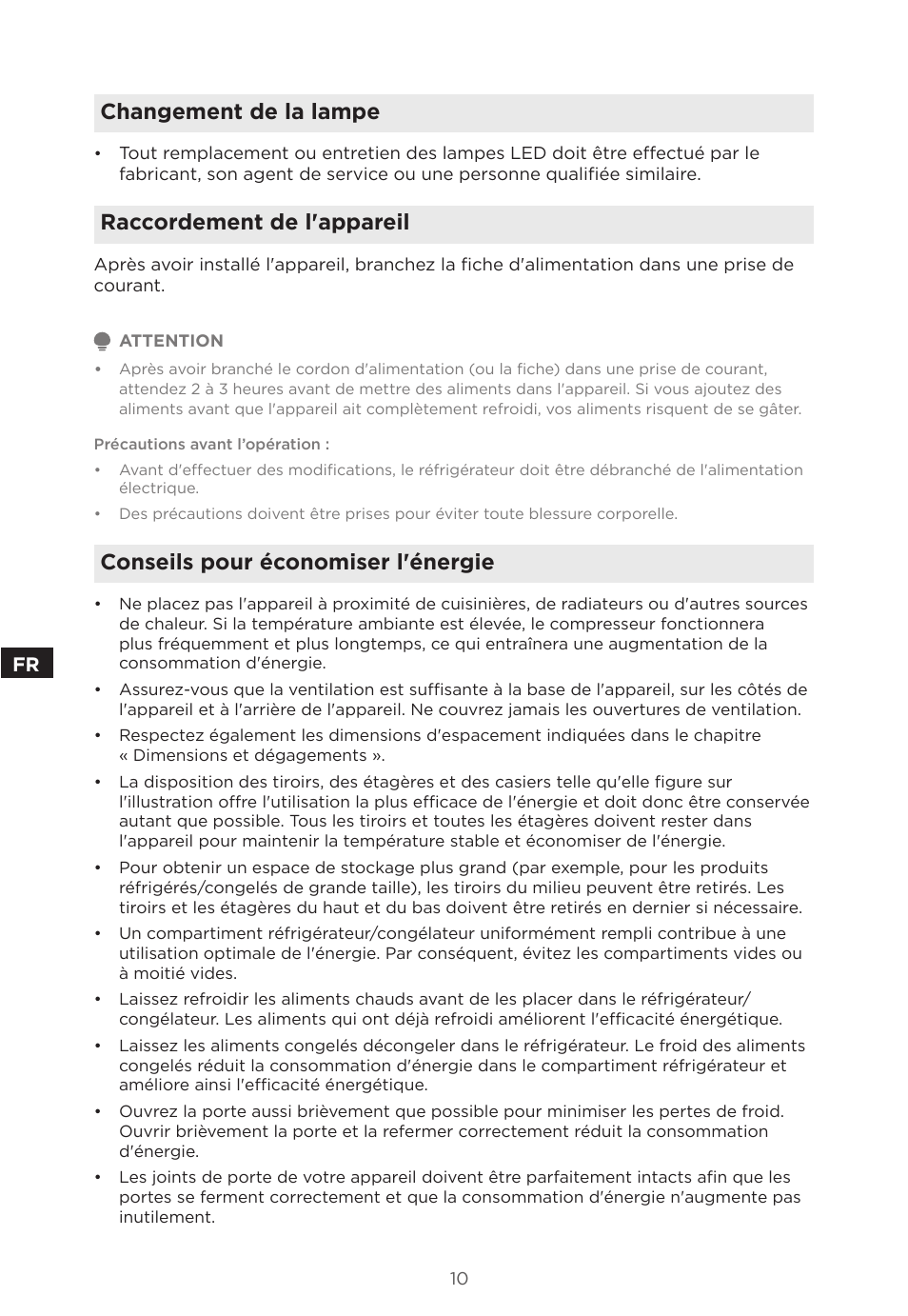 Changement de la lampe, Raccordement de l'appareil, Conseils pour économiser l'énergie | MIDEA 18 cu. ft. French Door User Manual | Page 28 / 56