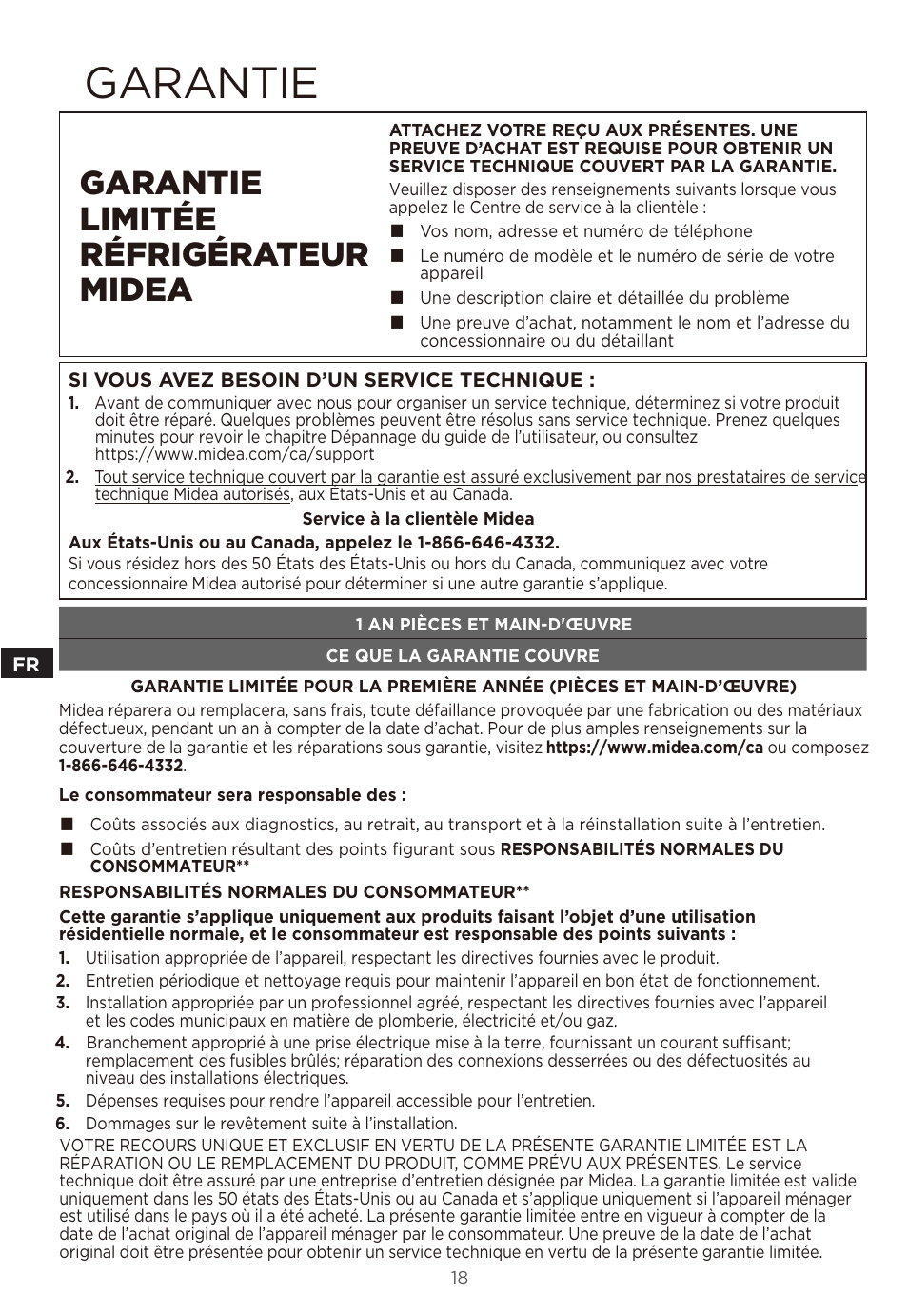 Garantie, Garantie limitée réfrigérateur midea | MIDEA 18 cu. ft. French Door User Manual | Page 36 / 56