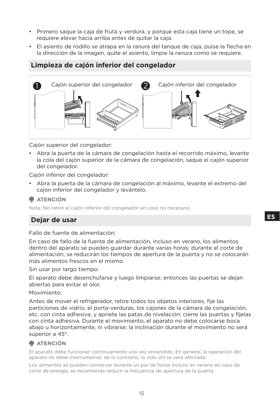 Limpieza de cajón inferior del congelador, Dejar de usar | MIDEA 18 cu. ft. French Door User Manual | Page 51 / 56