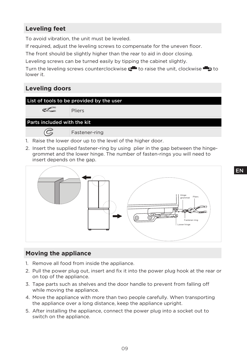 Leveling feet, Leveling doors, Moving the appliance | MIDEA 18 cu. ft. French Door User Manual | Page 9 / 56