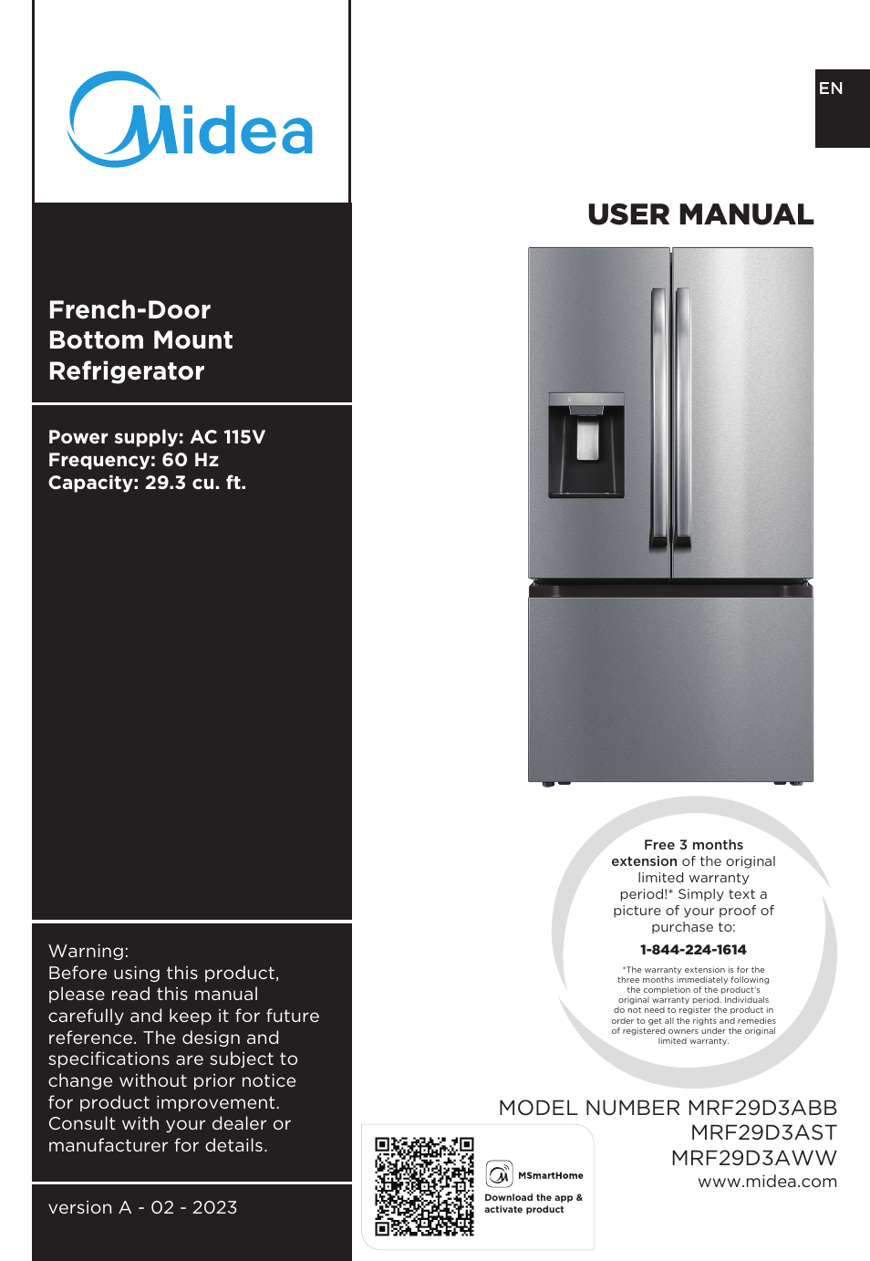 MIDEA 29.3 cu. ft. French Door Bottom Freezer User Manual | 88 pages