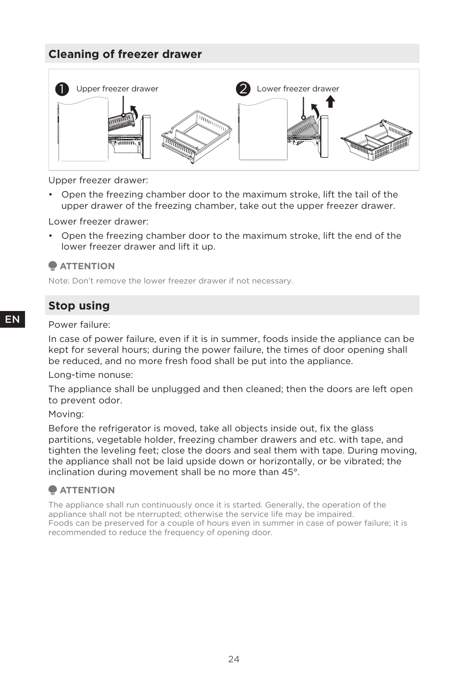 Cleaning of freezer drawer, Stop using | MIDEA 29.3 cu. ft. French Door Bottom Freezer User Manual | Page 24 / 88