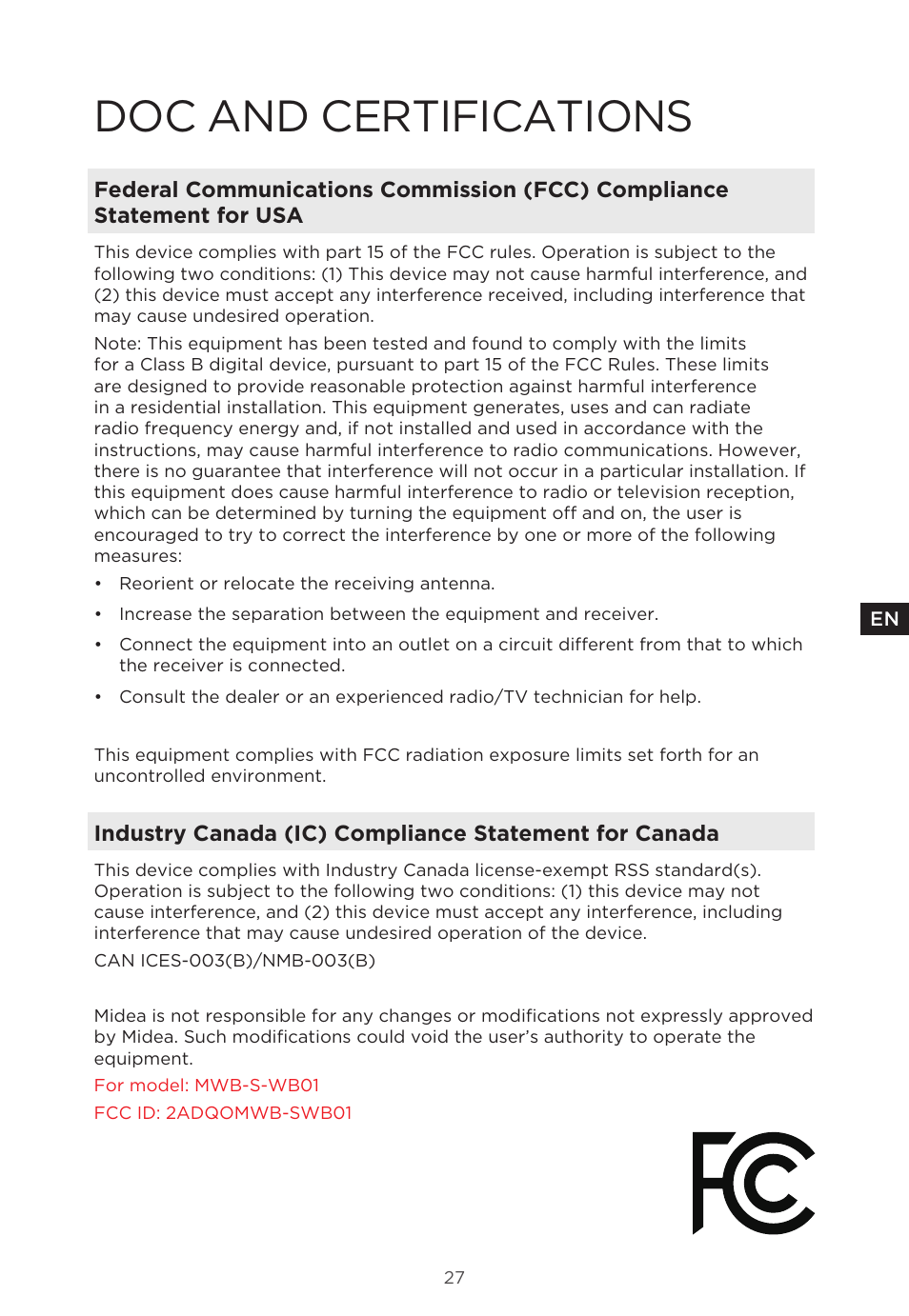 Doc and certifications | MIDEA 29.3 cu. ft. French Door Bottom Freezer User Manual | Page 27 / 88