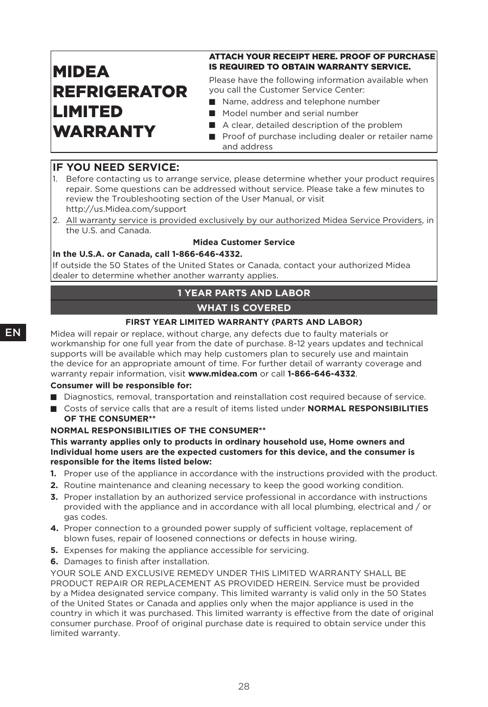 Midea refrigerator limited warranty | MIDEA 29.3 cu. ft. French Door Bottom Freezer User Manual | Page 28 / 88