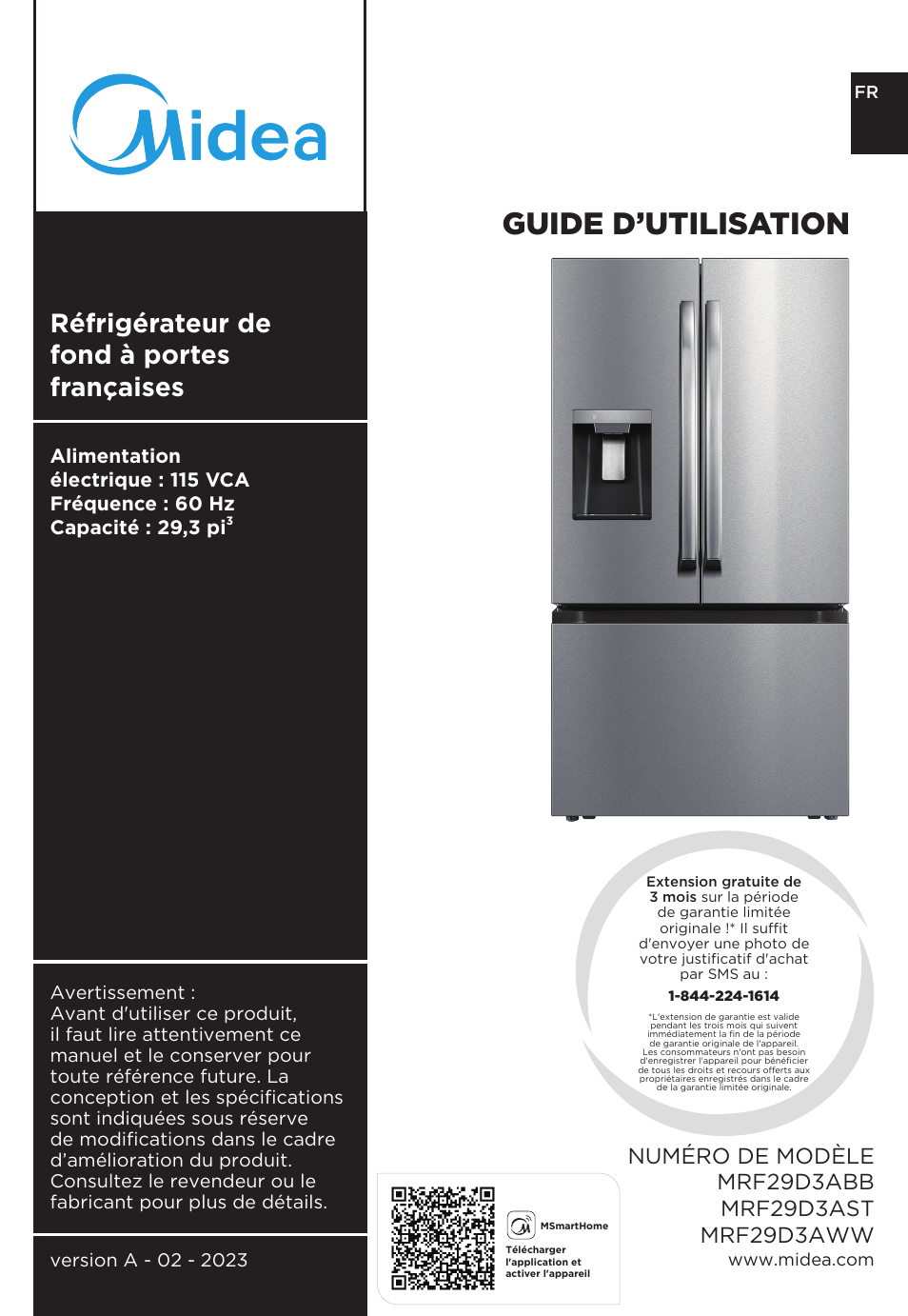 Guide d’utilisation, Réfrigérateur de fond à portes françaises | MIDEA 29.3 cu. ft. French Door Bottom Freezer User Manual | Page 30 / 88