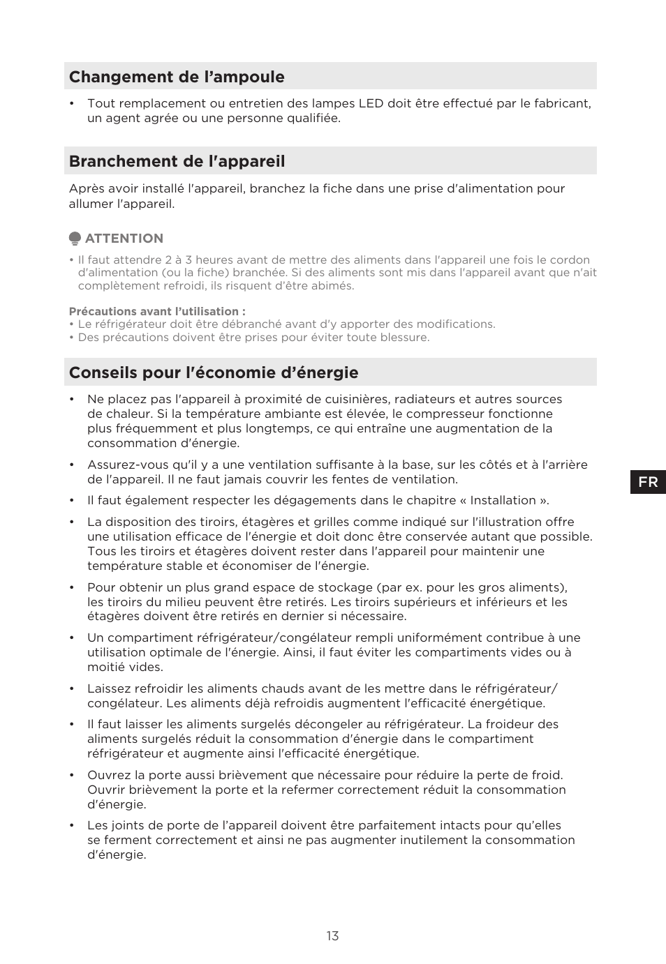 Changement de l’ampoule, Branchement de l'appareil, Conseils pour l'économie d’énergie | MIDEA 29.3 cu. ft. French Door Bottom Freezer User Manual | Page 42 / 88