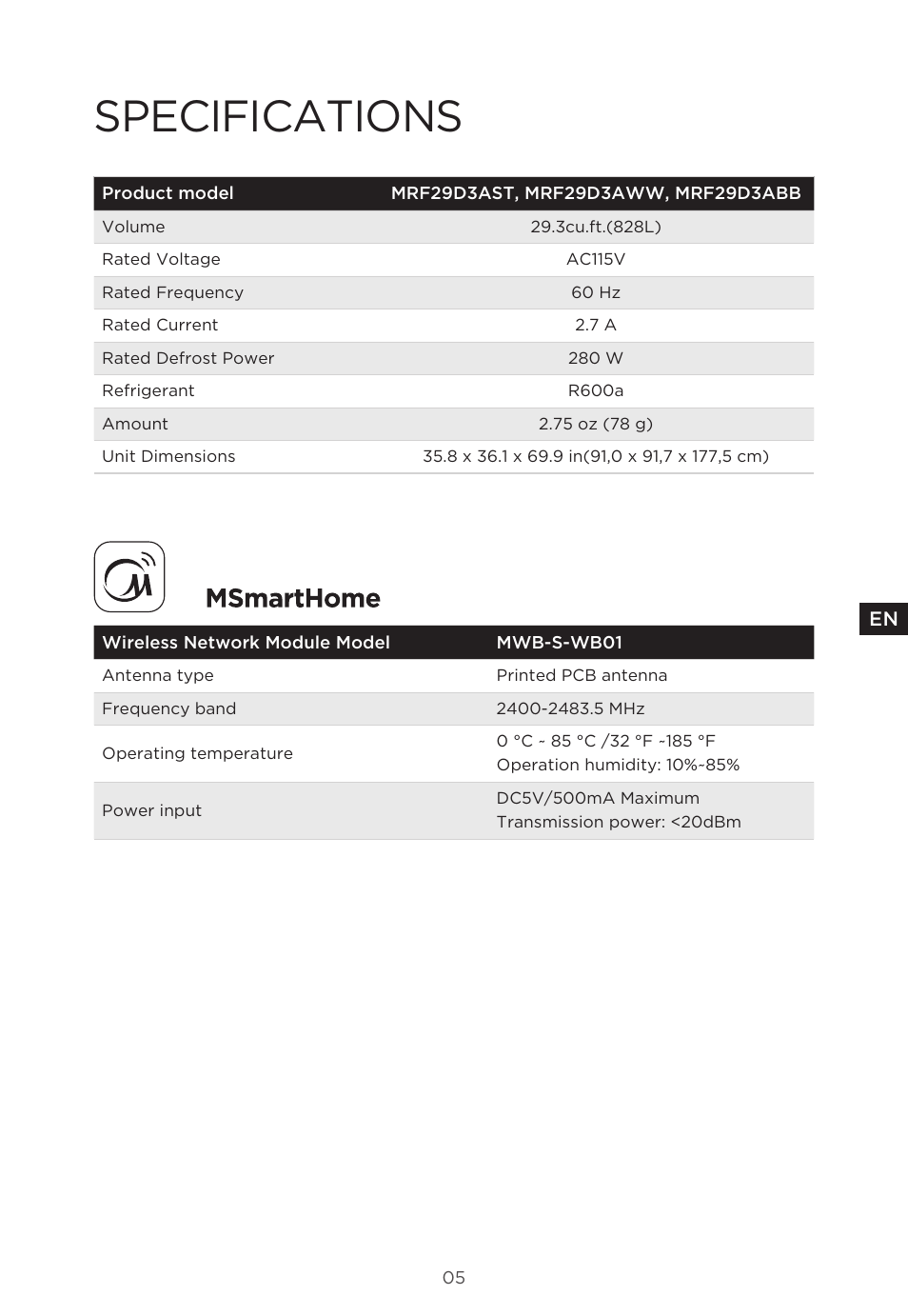 Specifications | MIDEA 29.3 cu. ft. French Door Bottom Freezer User Manual | Page 5 / 88