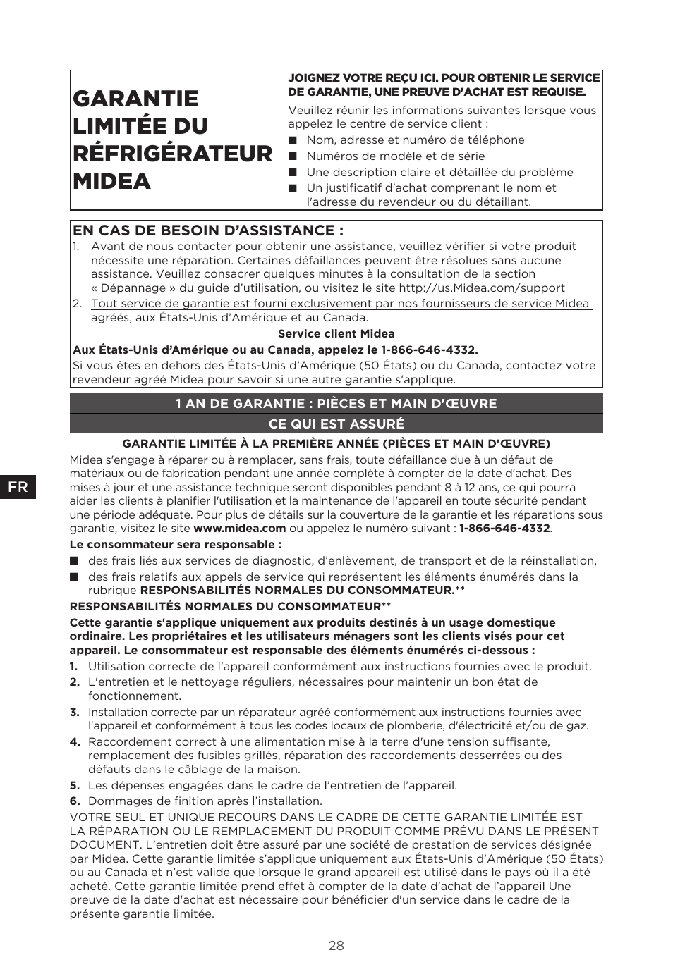 Garantie limitée du réfrigérateur midea | MIDEA 29.3 cu. ft. French Door Bottom Freezer User Manual | Page 57 / 88