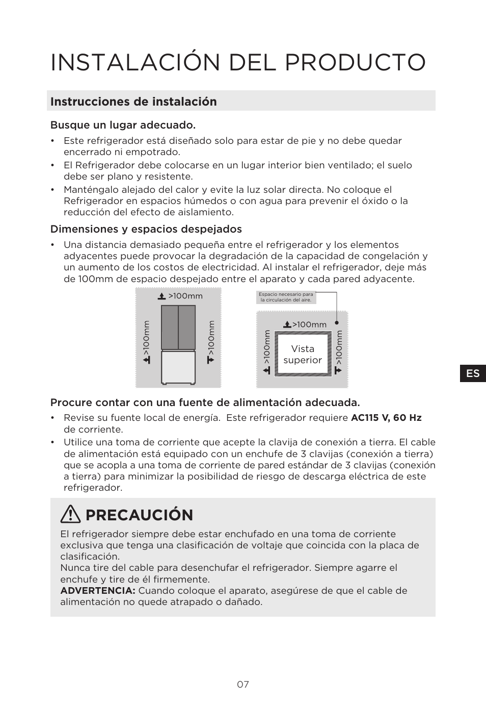 Instalación del producto, Precaución, Instrucciones de instalación | MIDEA 29.3 cu. ft. French Door Bottom Freezer User Manual | Page 65 / 88