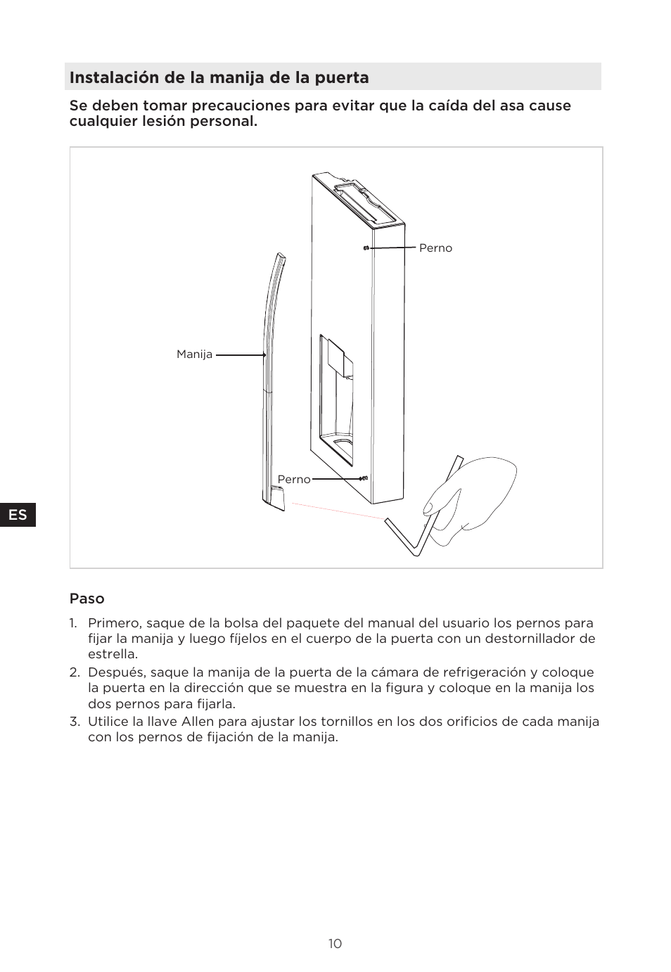 Instalación de la manija de la puerta | MIDEA 29.3 cu. ft. French Door Bottom Freezer User Manual | Page 68 / 88