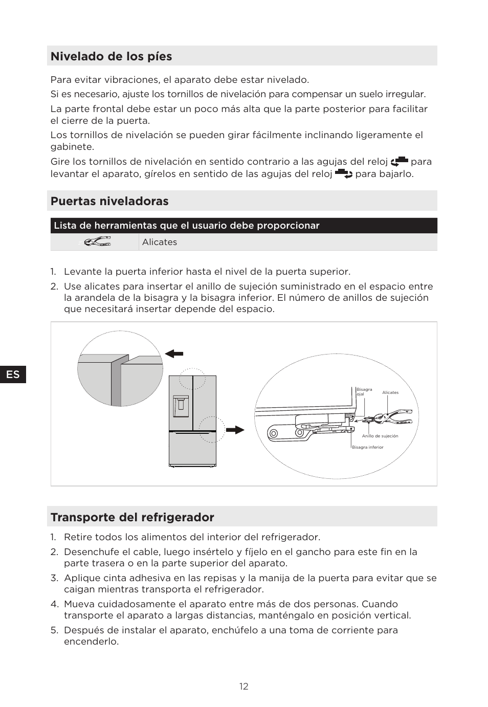 Nivelado de los píes, Puertas niveladoras, Transporte del refrigerador | MIDEA 29.3 cu. ft. French Door Bottom Freezer User Manual | Page 70 / 88