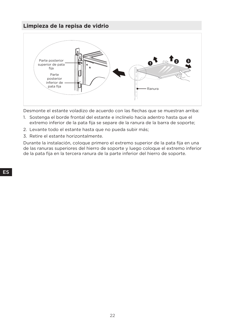 Limpieza de la repisa de vidrio | MIDEA 29.3 cu. ft. French Door Bottom Freezer User Manual | Page 80 / 88