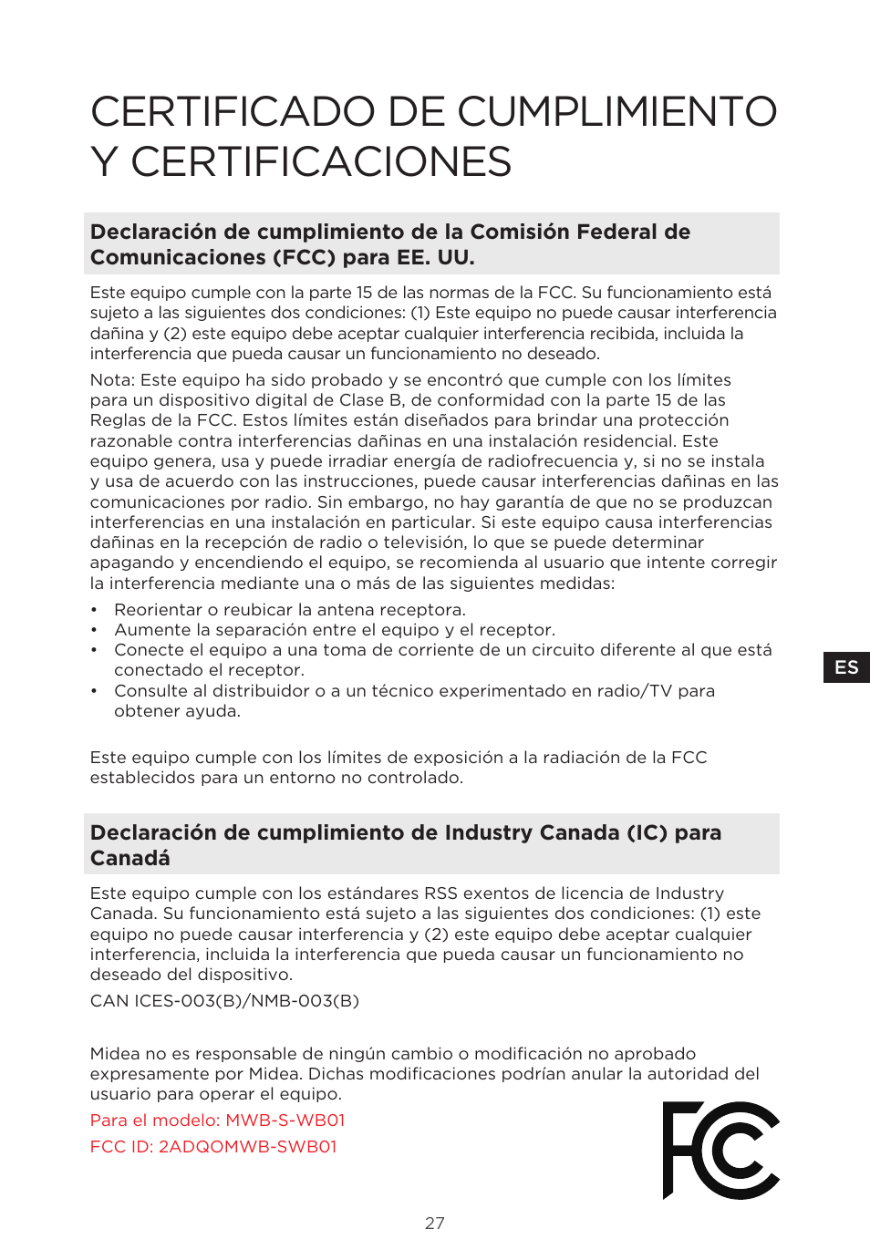 Certificado de cumplimiento y certificaciones | MIDEA 29.3 cu. ft. French Door Bottom Freezer User Manual | Page 85 / 88