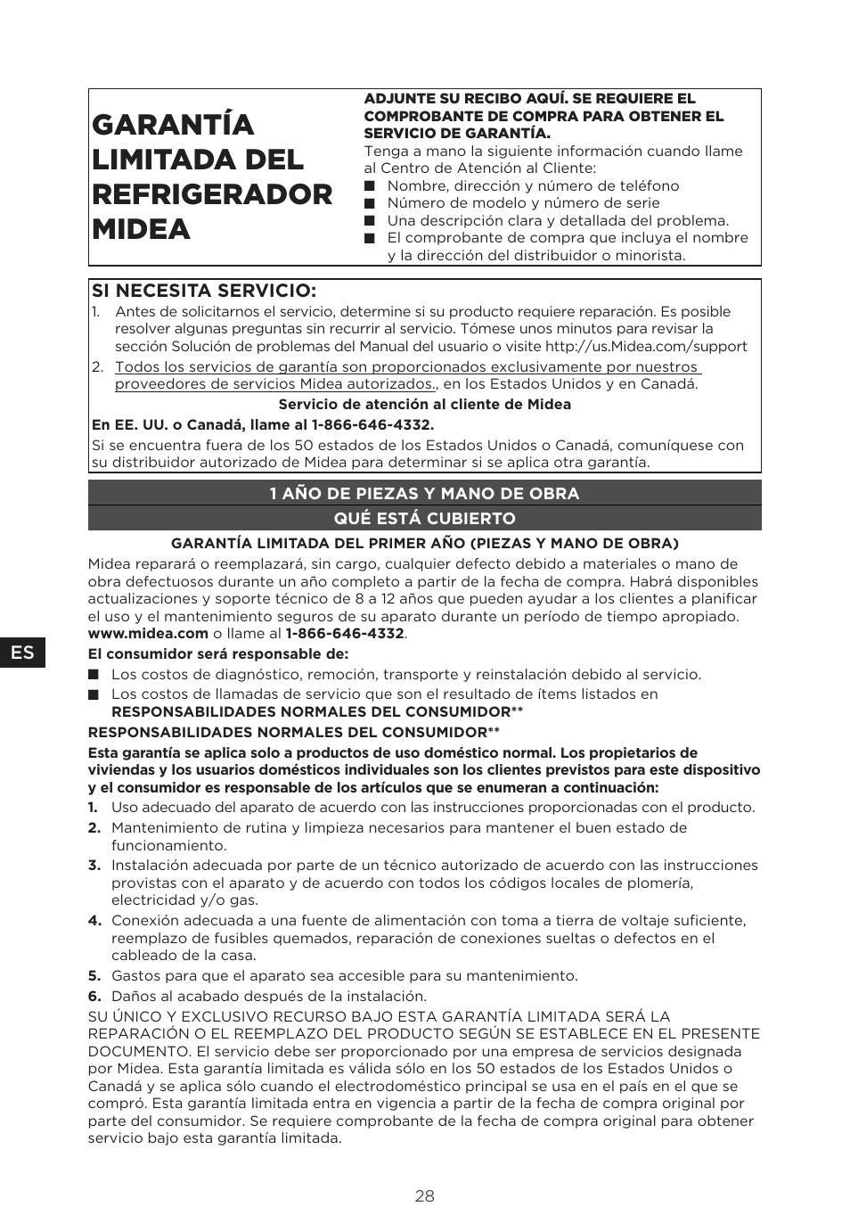 Garantía limitada del refrigerador midea | MIDEA 29.3 cu. ft. French Door Bottom Freezer User Manual | Page 86 / 88