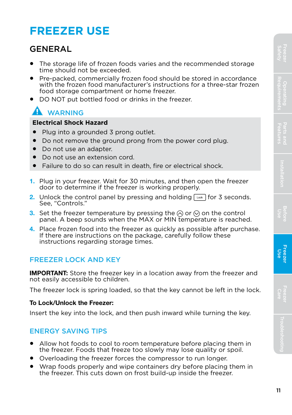 Freezer use, General | MIDEA 17.0 Cu. Ft. Upright Convertible User Manual | Page 11 / 72