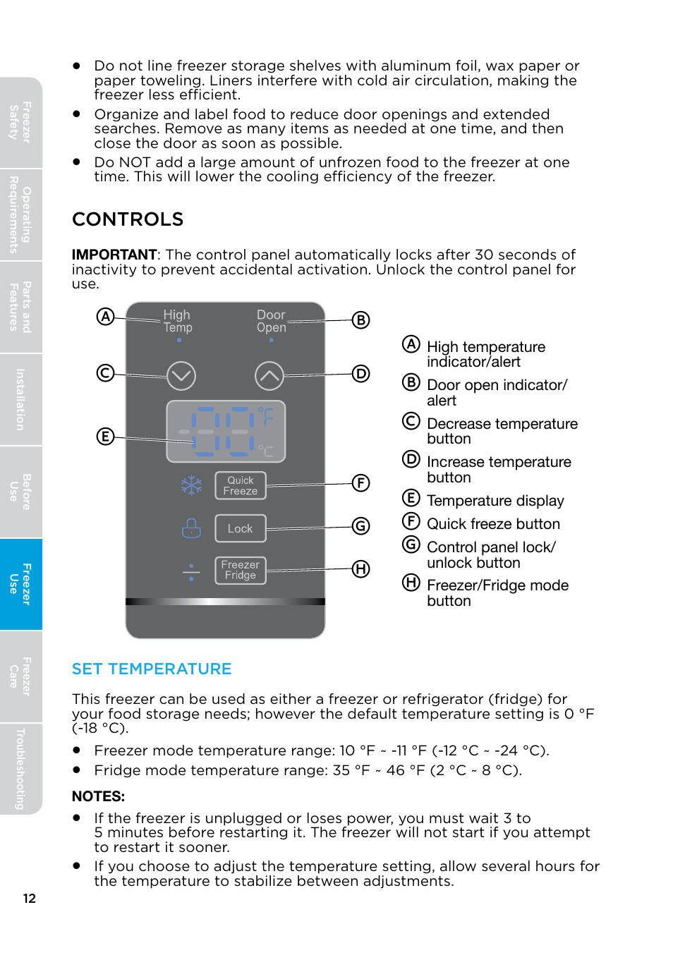 Controls | MIDEA 17.0 Cu. Ft. Upright Convertible User Manual | Page 12 / 72