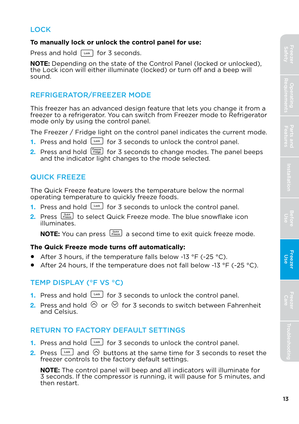 Lock, Refrigerator/freezer mode, Quick freeze | Temp display (°f vs °c), Return to factory default settings | MIDEA 17.0 Cu. Ft. Upright Convertible User Manual | Page 13 / 72