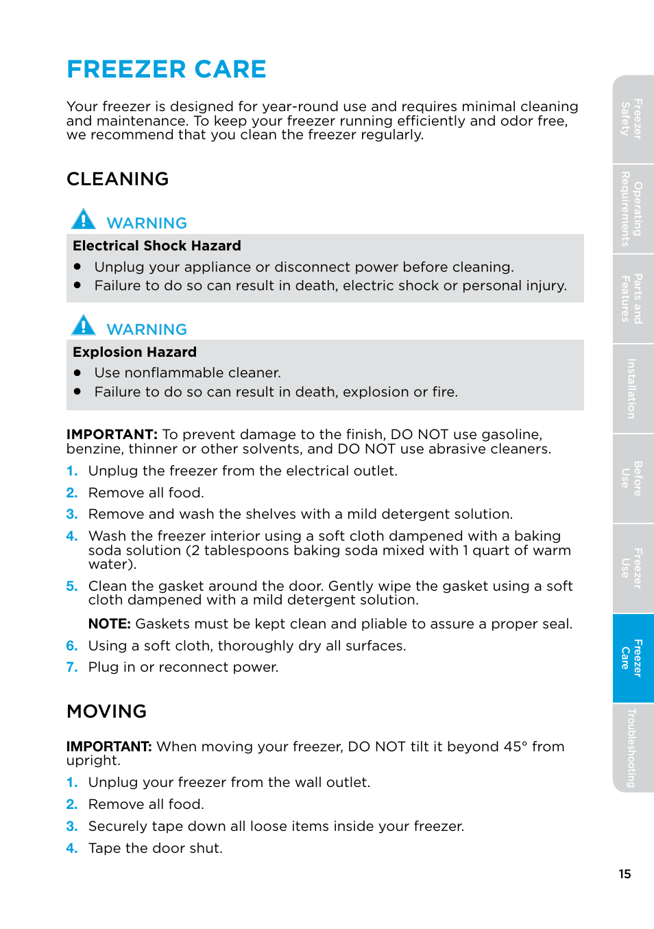 Freezer care, Cleaning moving, Cleaning | Moving | MIDEA 17.0 Cu. Ft. Upright Convertible User Manual | Page 15 / 72