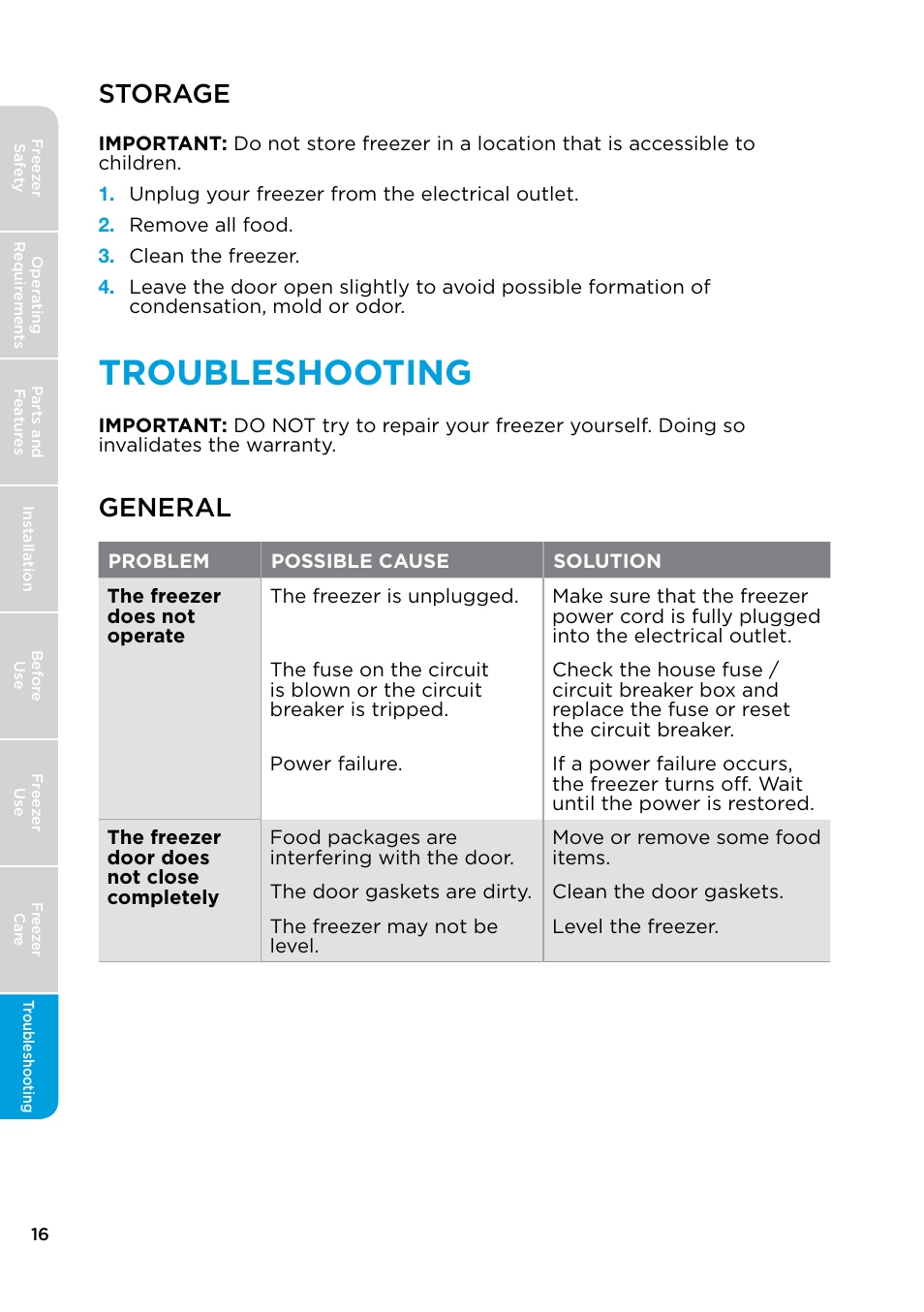 Storage, Troubleshooting, General | MIDEA 17.0 Cu. Ft. Upright Convertible User Manual | Page 16 / 72