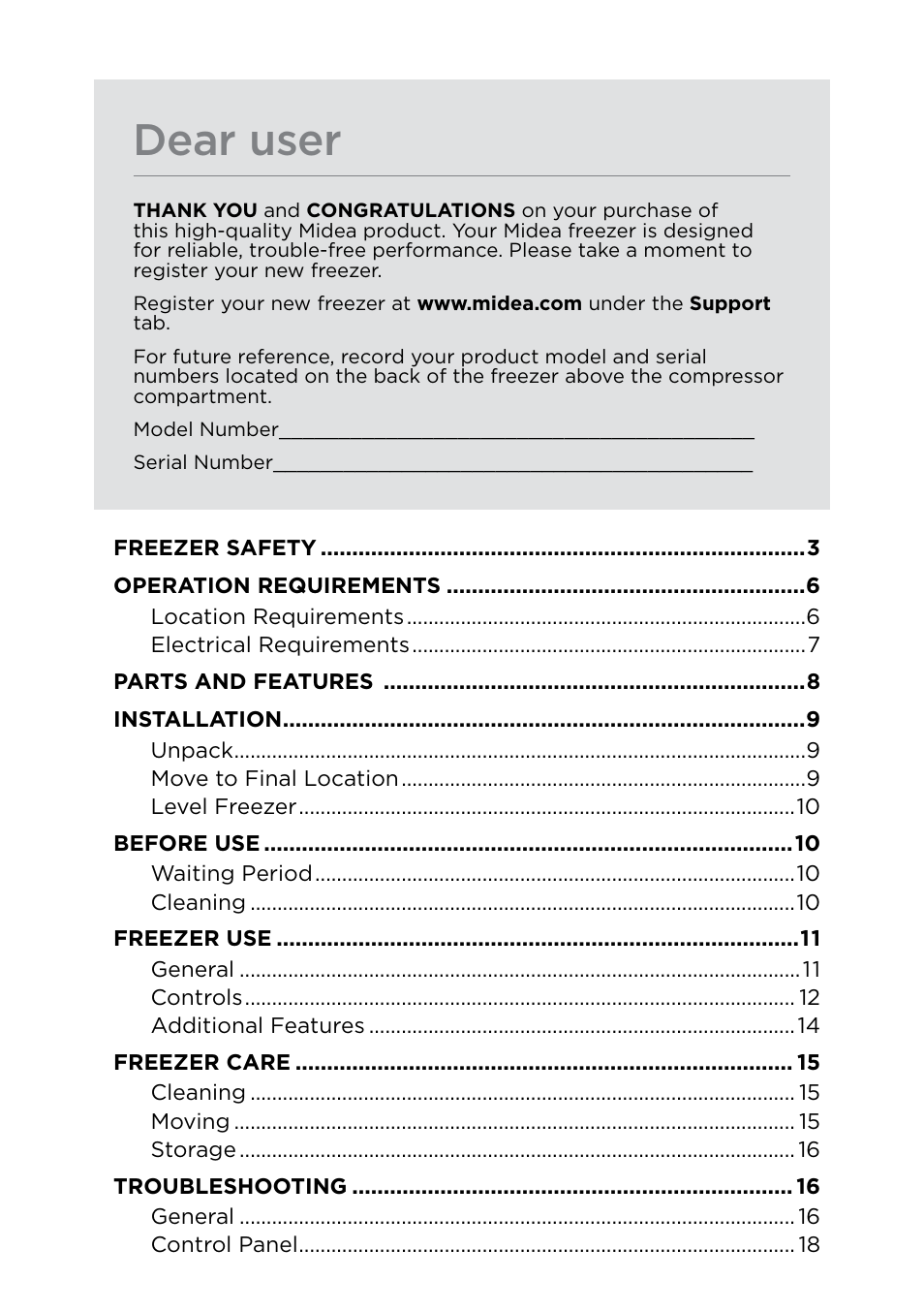 Dear user | MIDEA 17.0 Cu. Ft. Upright Convertible User Manual | Page 2 / 72