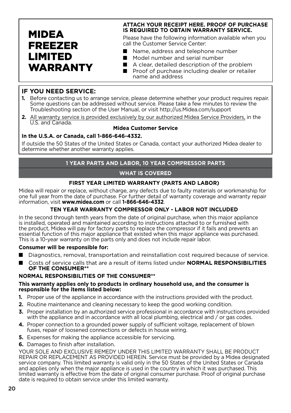 Midea freezer limited warranty | MIDEA 17.0 Cu. Ft. Upright Convertible User Manual | Page 20 / 72