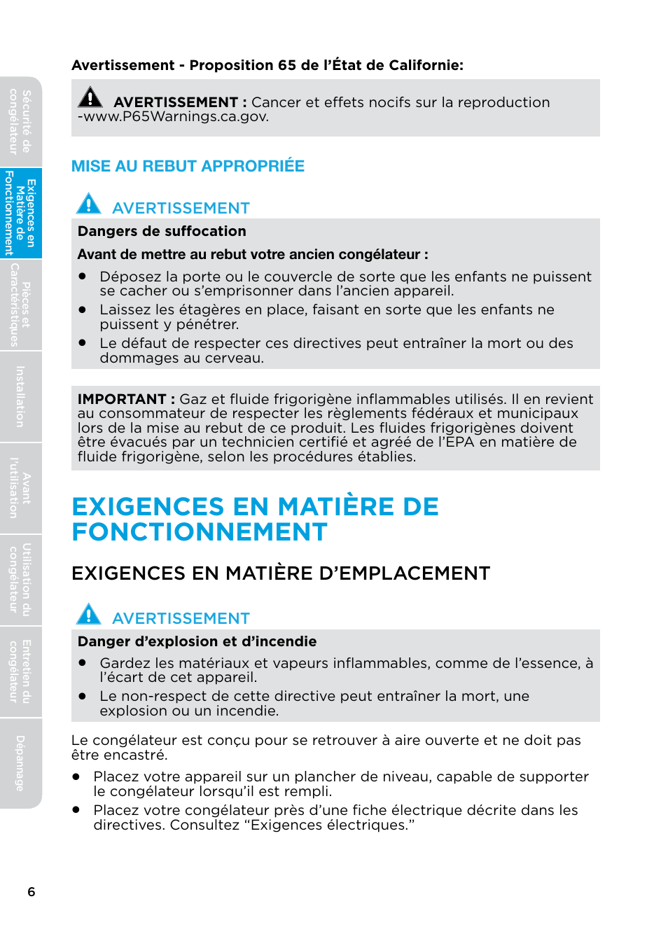 Exigences en matière de fonctionnement, Exigences en matière d’emplacement | MIDEA 17.0 Cu. Ft. Upright Convertible User Manual | Page 28 / 72