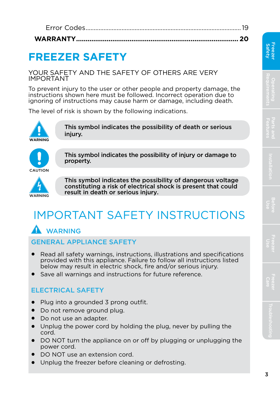 Freezer safety, Important safety instructions | MIDEA 17.0 Cu. Ft. Upright Convertible User Manual | Page 3 / 72