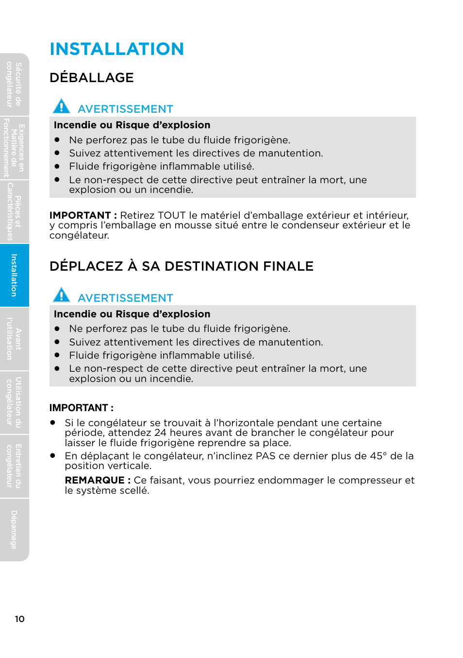 Installation, Déballage déplacez à sa destination finale, Déballage | Déplacez à sa destination finale | MIDEA 17.0 Cu. Ft. Upright Convertible User Manual | Page 32 / 72