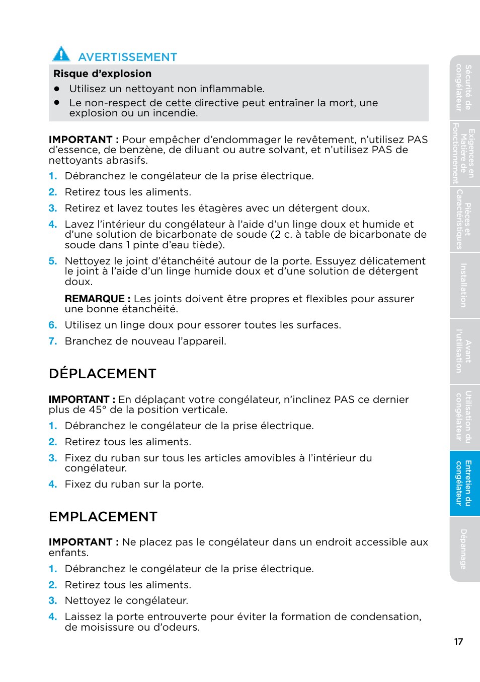 Déplacement emplacement, Déplacement, Emplacement | Avertissement | MIDEA 17.0 Cu. Ft. Upright Convertible User Manual | Page 39 / 72