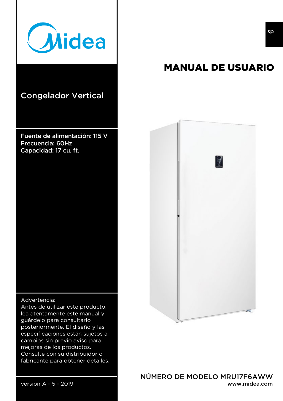 Manual de usuario, Congelador vertical | MIDEA 17.0 Cu. Ft. Upright Convertible User Manual | Page 47 / 72