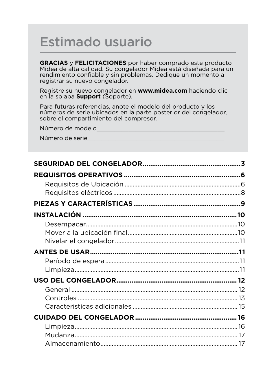 Estimado usuario | MIDEA 17.0 Cu. Ft. Upright Convertible User Manual | Page 48 / 72