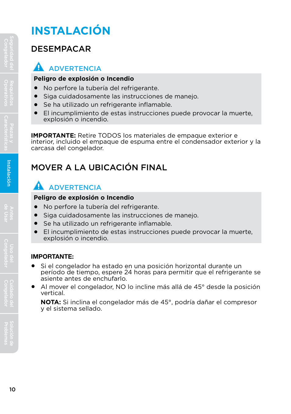 Instalación, Desempacar mover a la ubicación final, Desempacar | Mover a la ubicación final | MIDEA 17.0 Cu. Ft. Upright Convertible User Manual | Page 56 / 72