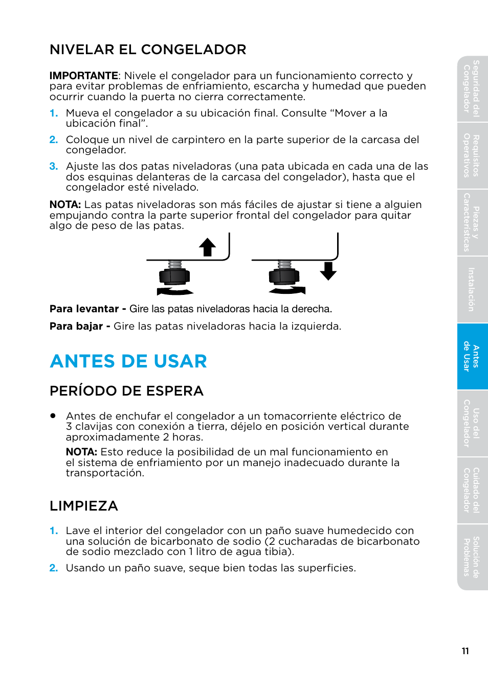 Nivelar el congelador, Antes de usar, Período de espera limpieza | Período de espera, Limpieza | MIDEA 17.0 Cu. Ft. Upright Convertible User Manual | Page 57 / 72