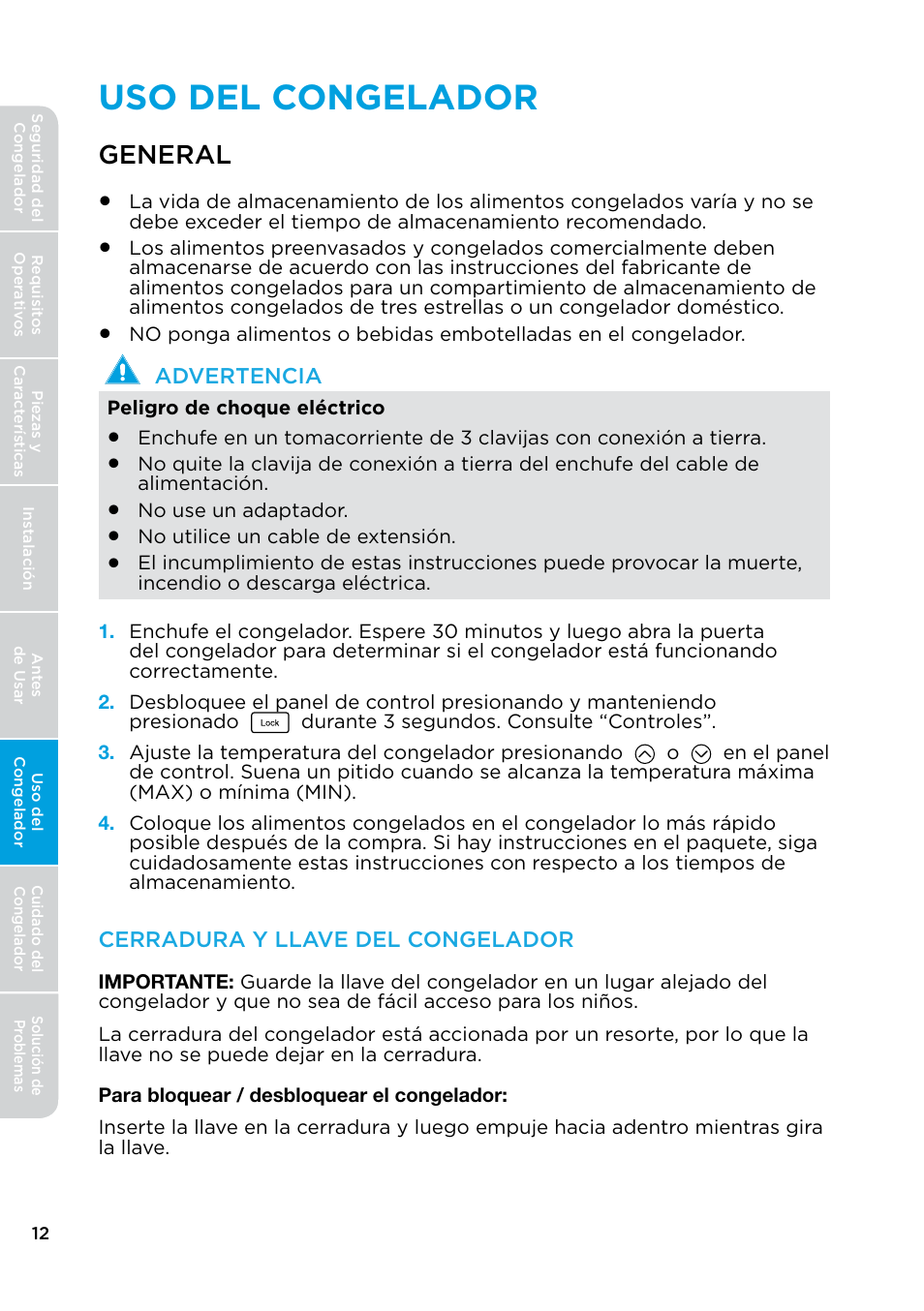 Uso del congelador, General | MIDEA 17.0 Cu. Ft. Upright Convertible User Manual | Page 58 / 72