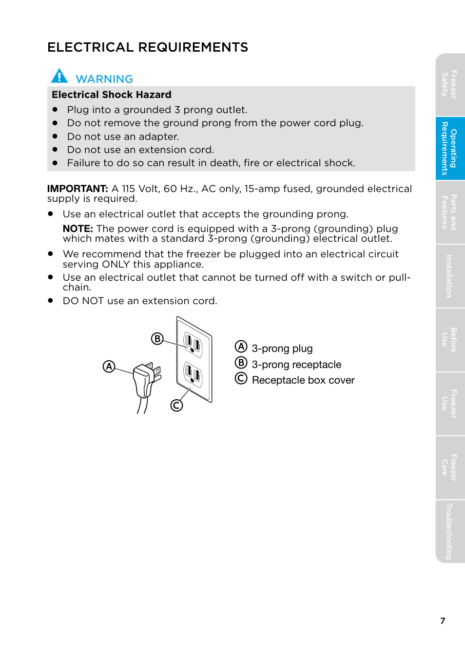 Electrical requirements, Ab c | MIDEA 17.0 Cu. Ft. Upright Convertible User Manual | Page 7 / 72