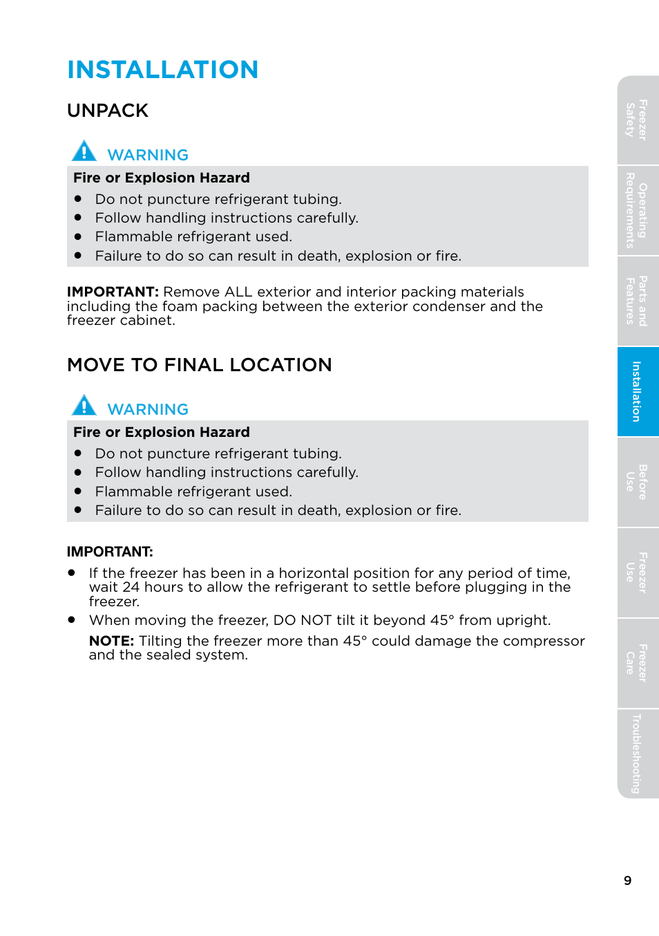 Installation, Unpack move to final location, Unpack | Move to final location | MIDEA 17.0 Cu. Ft. Upright Convertible User Manual | Page 9 / 72