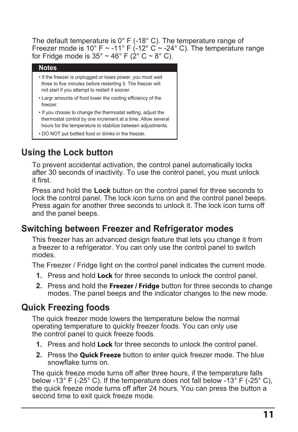 Using the lock button, Switching between freezer and refrigerator modes, Quick freezing foods | MIDEA 14 Cu. Ft. Convertible User Manual | Page 11 / 19