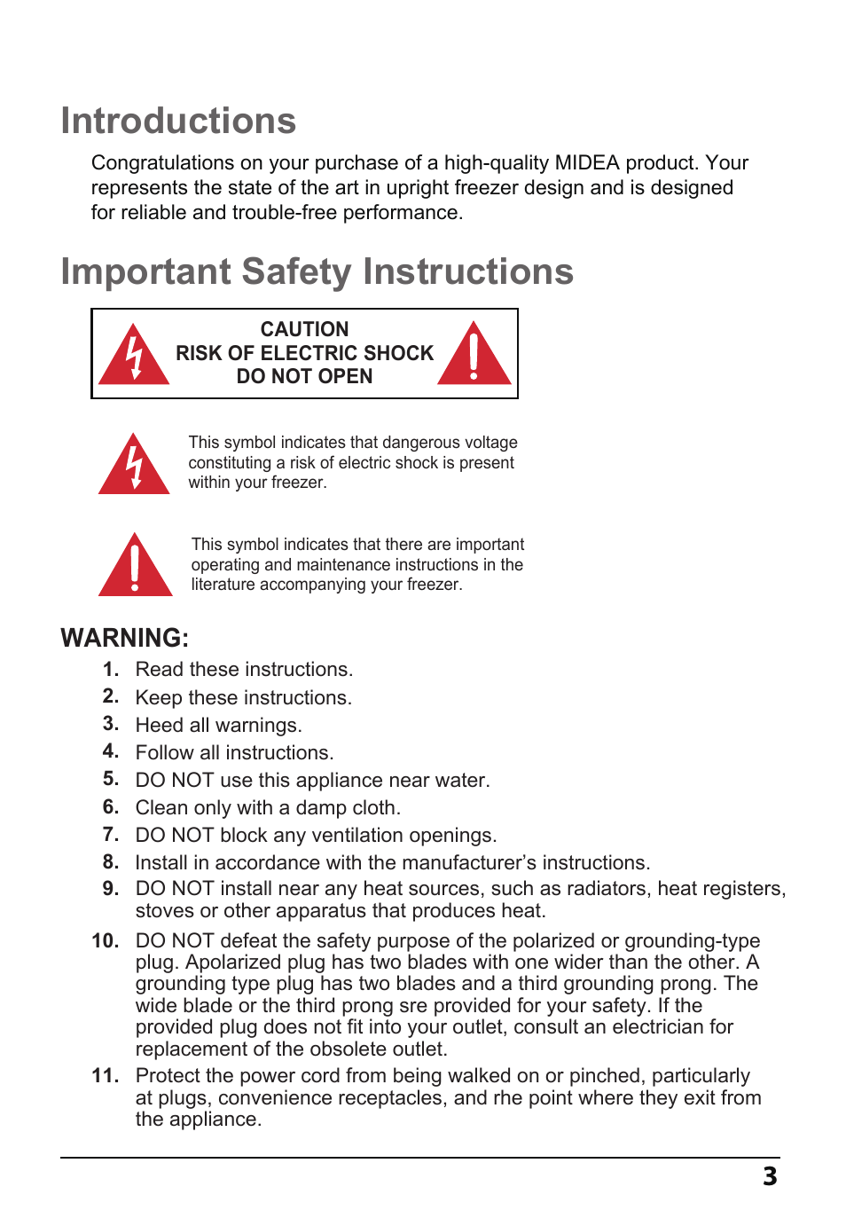 Introductions important safety instructions, Warning | MIDEA 14 Cu. Ft. Convertible User Manual | Page 3 / 19