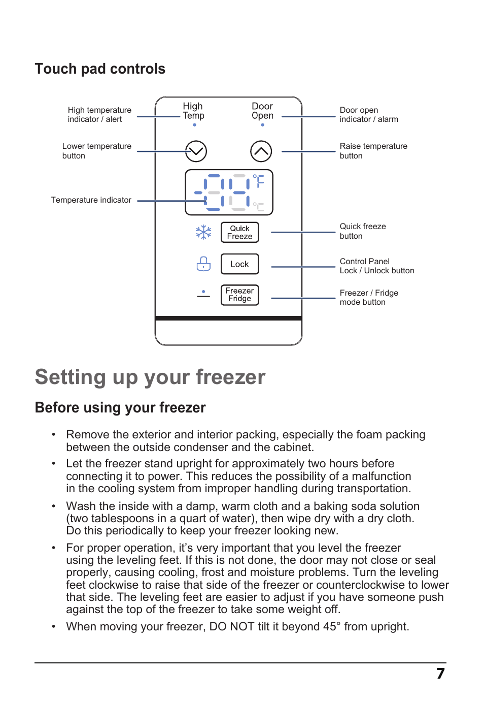 Setting up your freezer, Touch pad controls, Before using your freezer | MIDEA 14 Cu. Ft. Convertible User Manual | Page 7 / 19