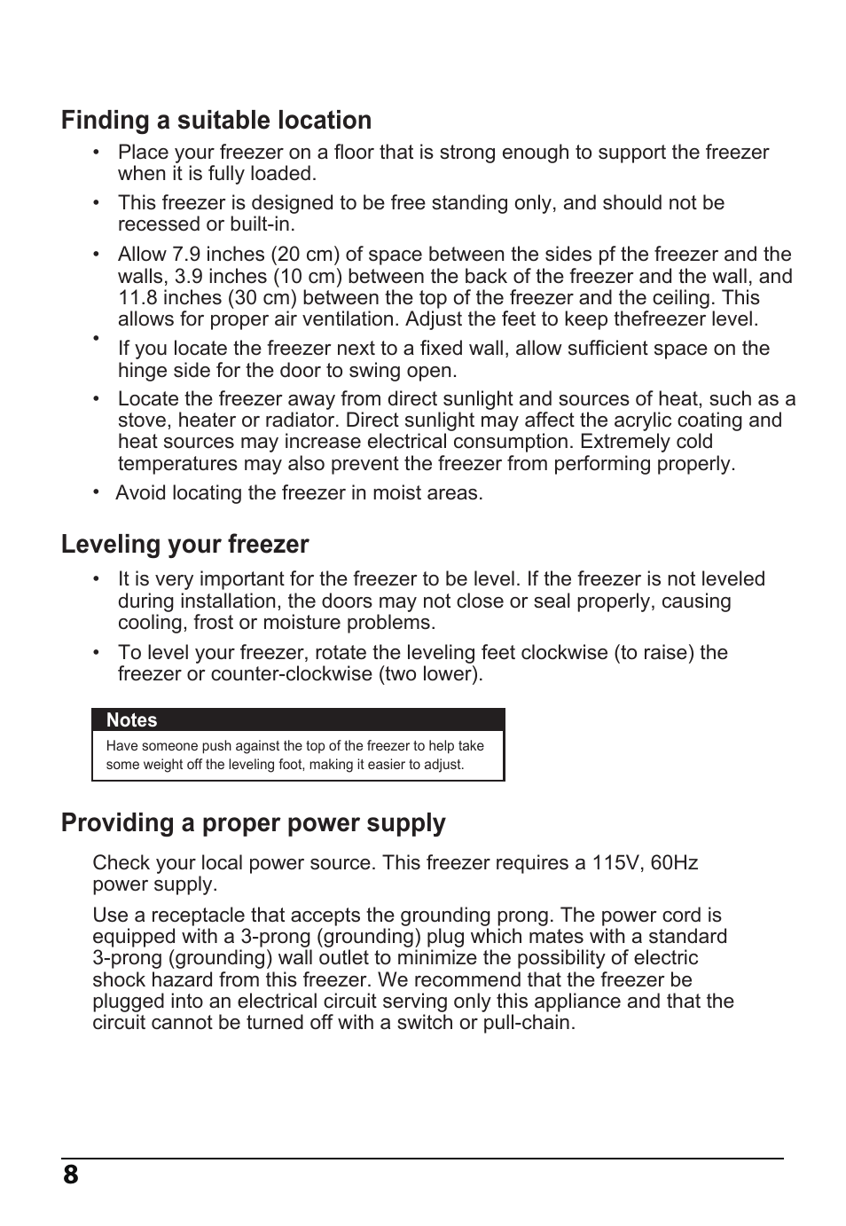 Finding a suitable location, Leveling your freezer, Providing a proper power supply | MIDEA 14 Cu. Ft. Convertible User Manual | Page 8 / 19