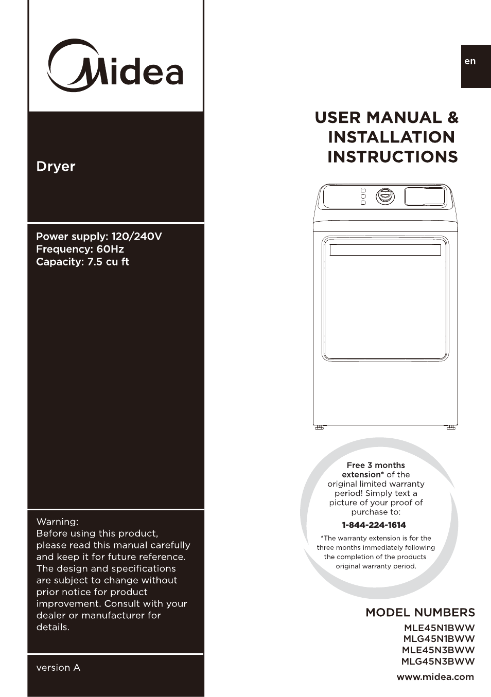 MIDEA Dryer MLE45N1BWW User Manual | 102 pages