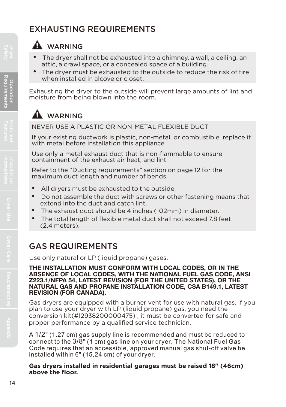 页 14, Exhausting requirements, Gas requirements | Warning | MIDEA Dryer MLE45N1BWW User Manual | Page 14 / 102