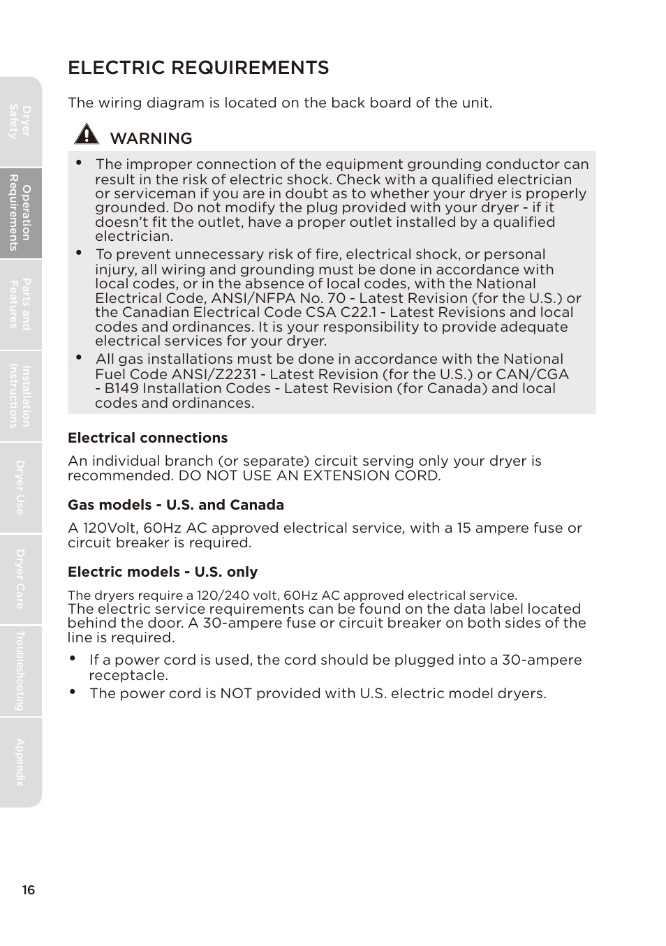 页 16, Electric requirements, Warning | MIDEA Dryer MLE45N1BWW User Manual | Page 16 / 102